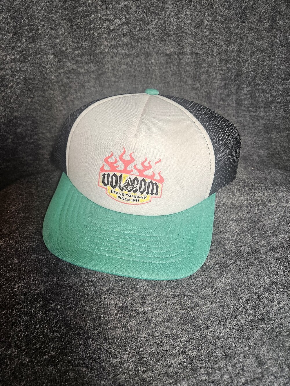 Volcom White Front Trucker Hat with Teal Brim and Pink Flame Logo